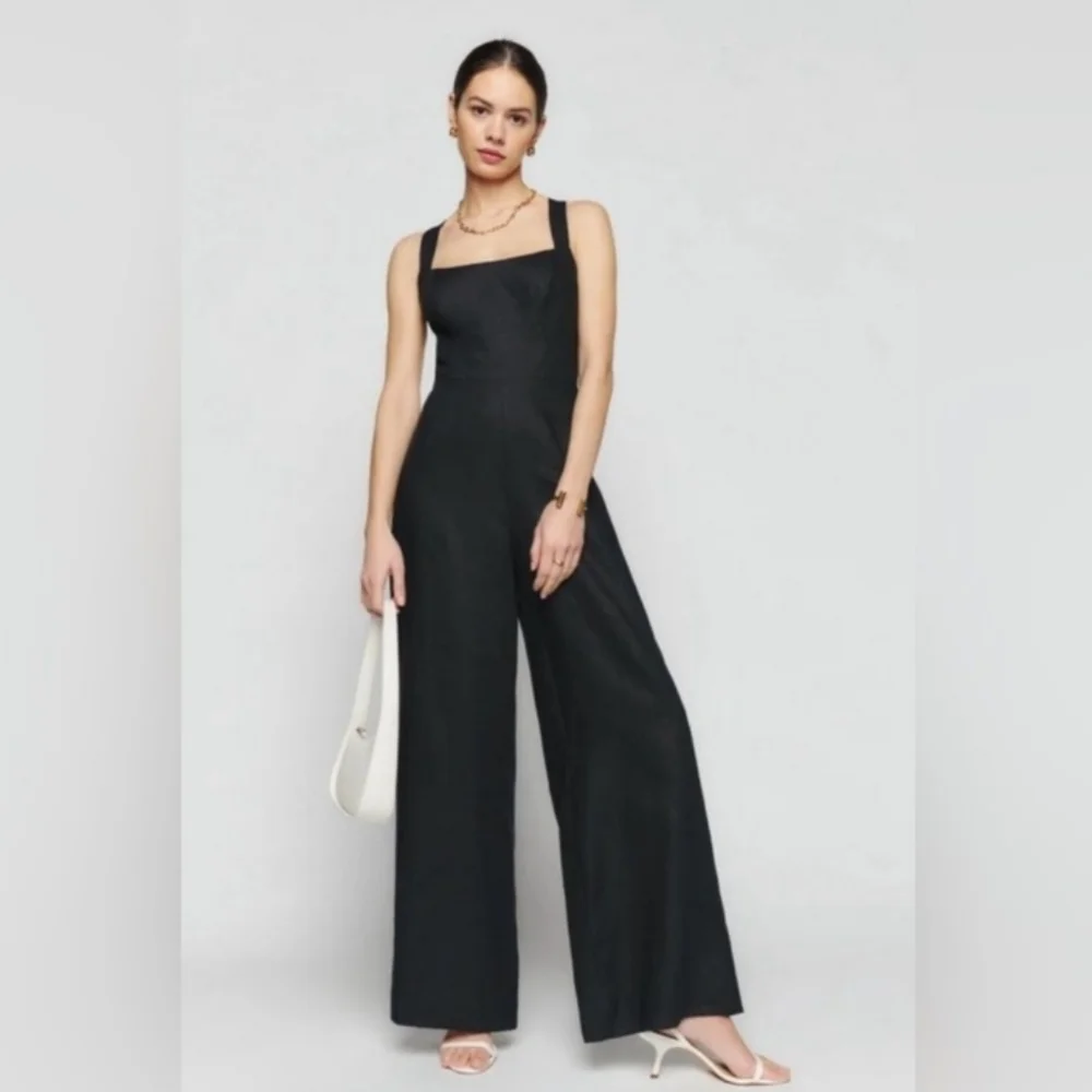 Reformation Linen Wide Leg Autumn Jumpsuit Black 2
